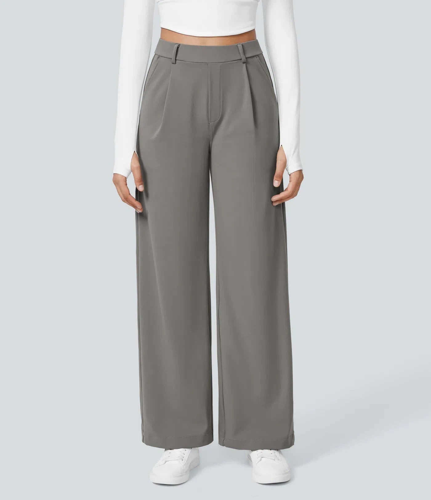 Elegant Straight-Leg Work Pants with High Elastic Waistband