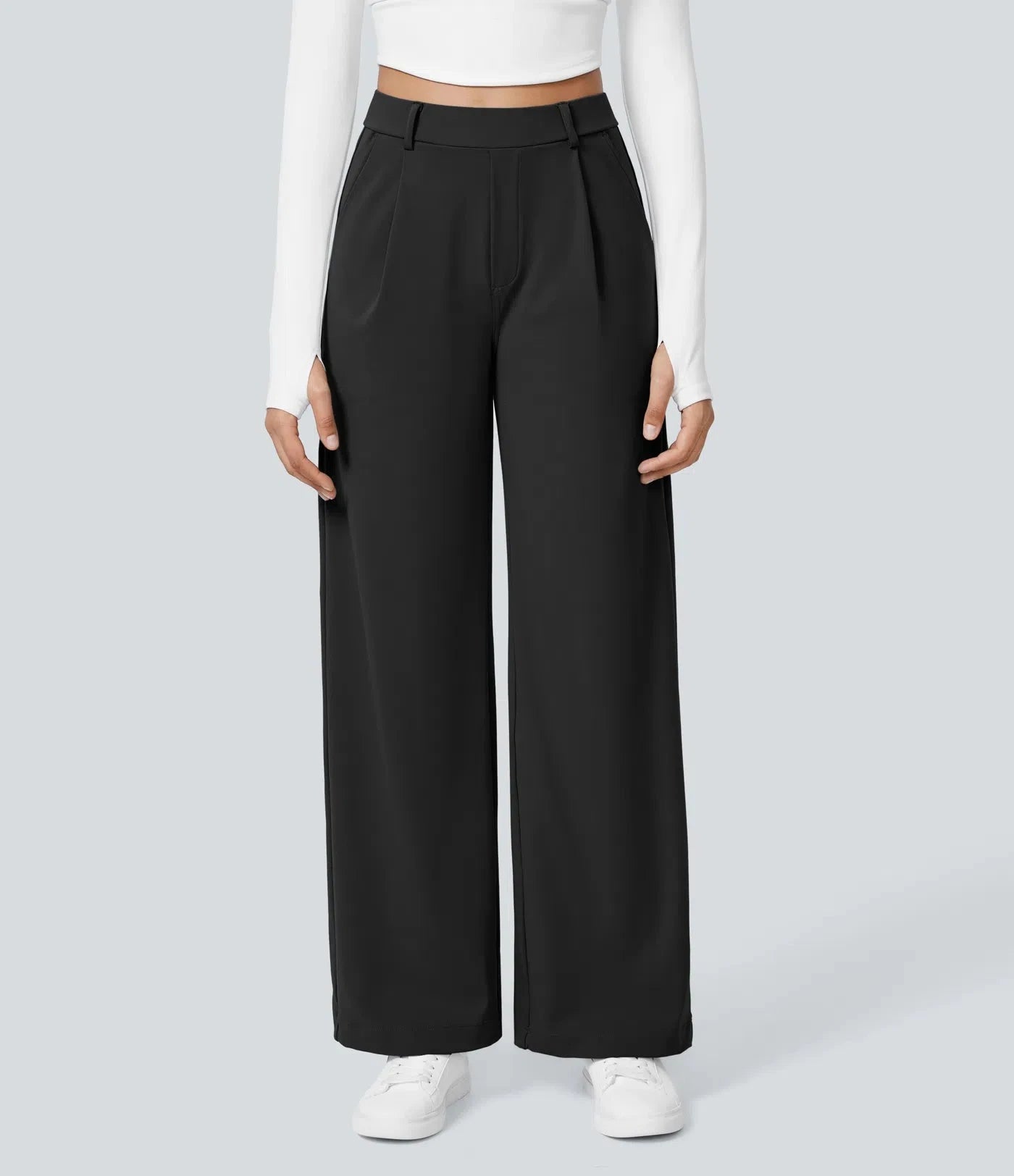 Elegant Straight-Leg Work Pants with High Elastic Waistband