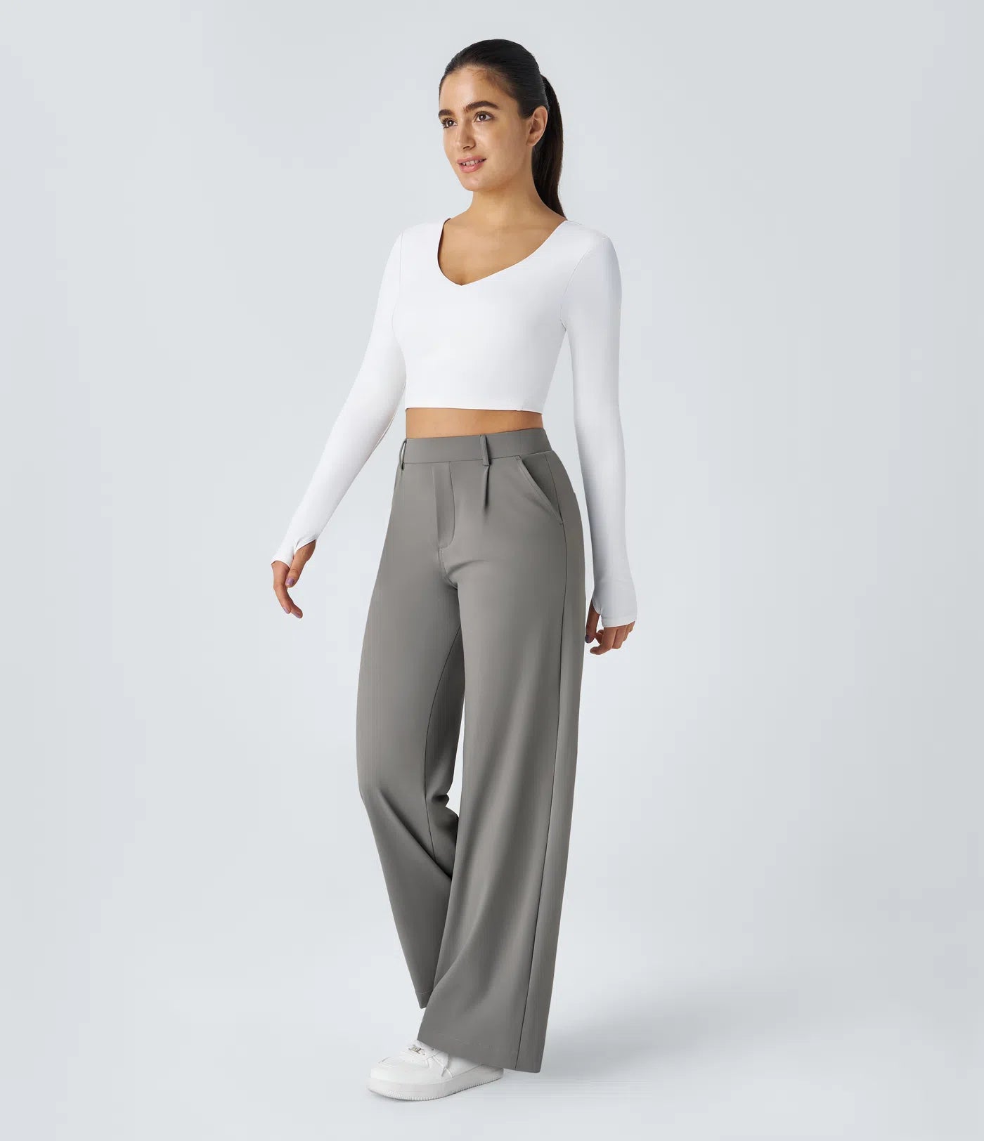 Elegant Straight-Leg Work Pants with High Elastic Waistband