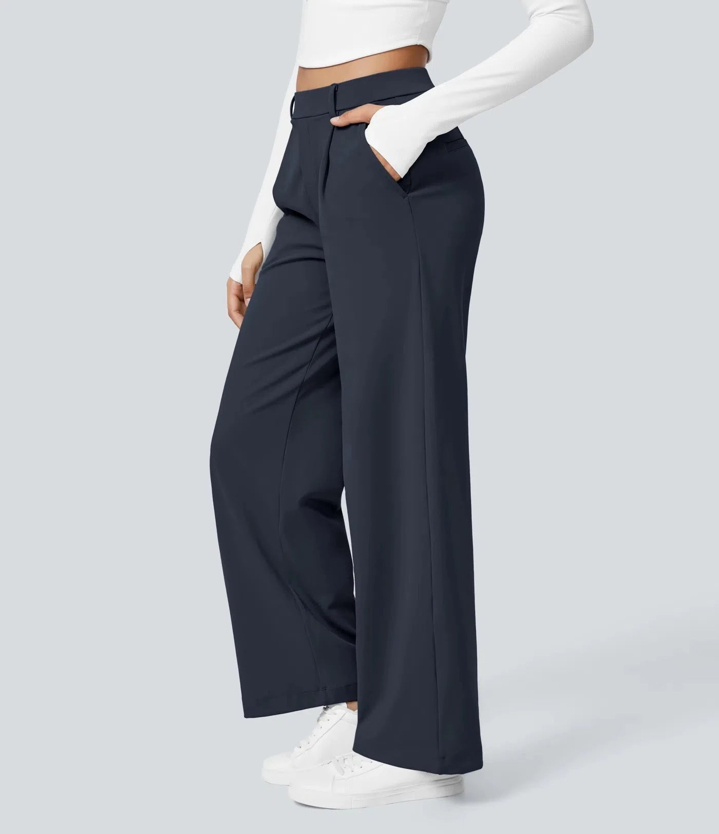 Elegant Straight-Leg Work Pants with High Elastic Waistband