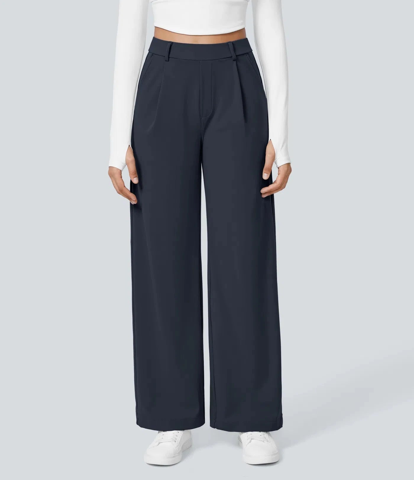 Elegant Straight-Leg Work Pants with High Elastic Waistband