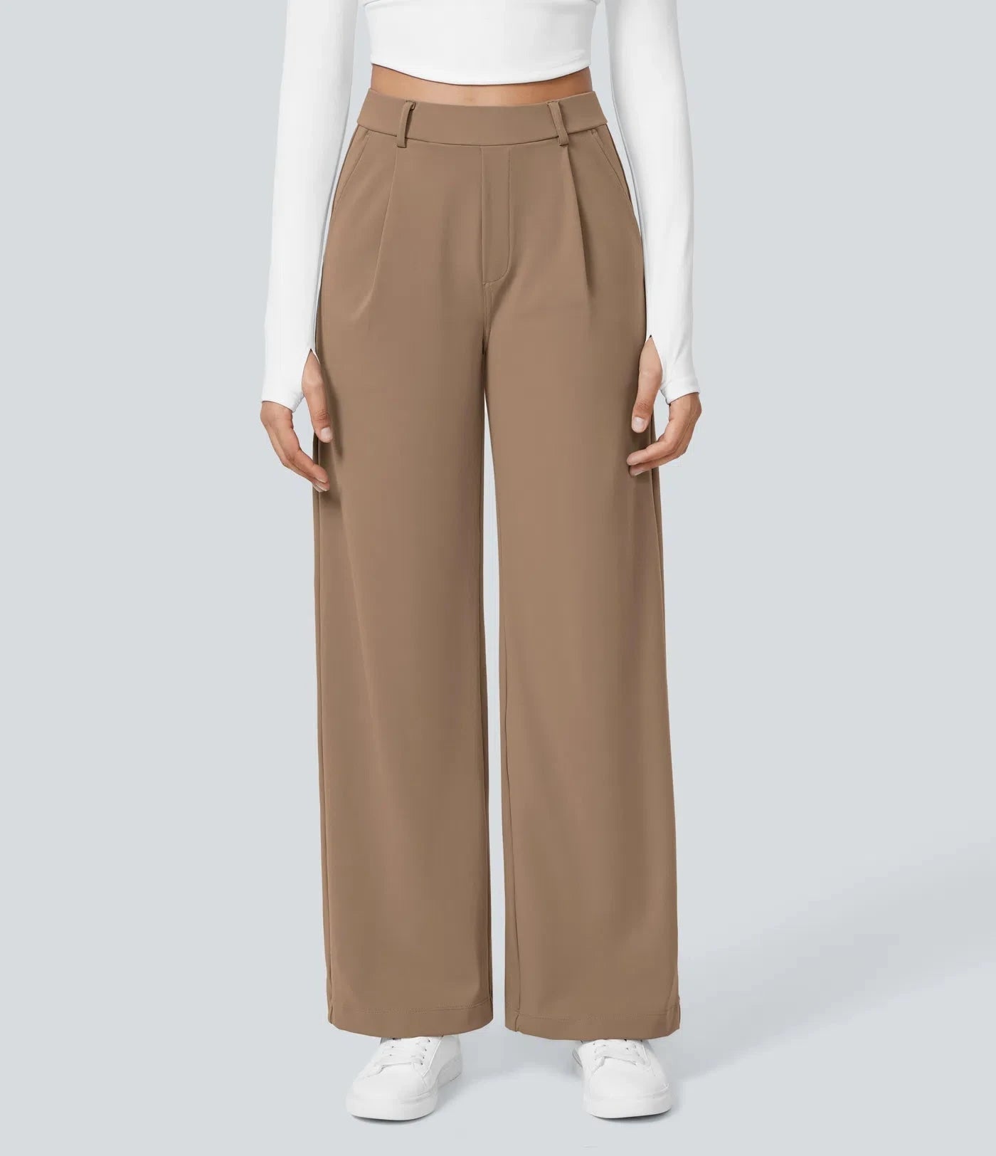 Elegant Straight-Leg Work Pants with High Elastic Waistband