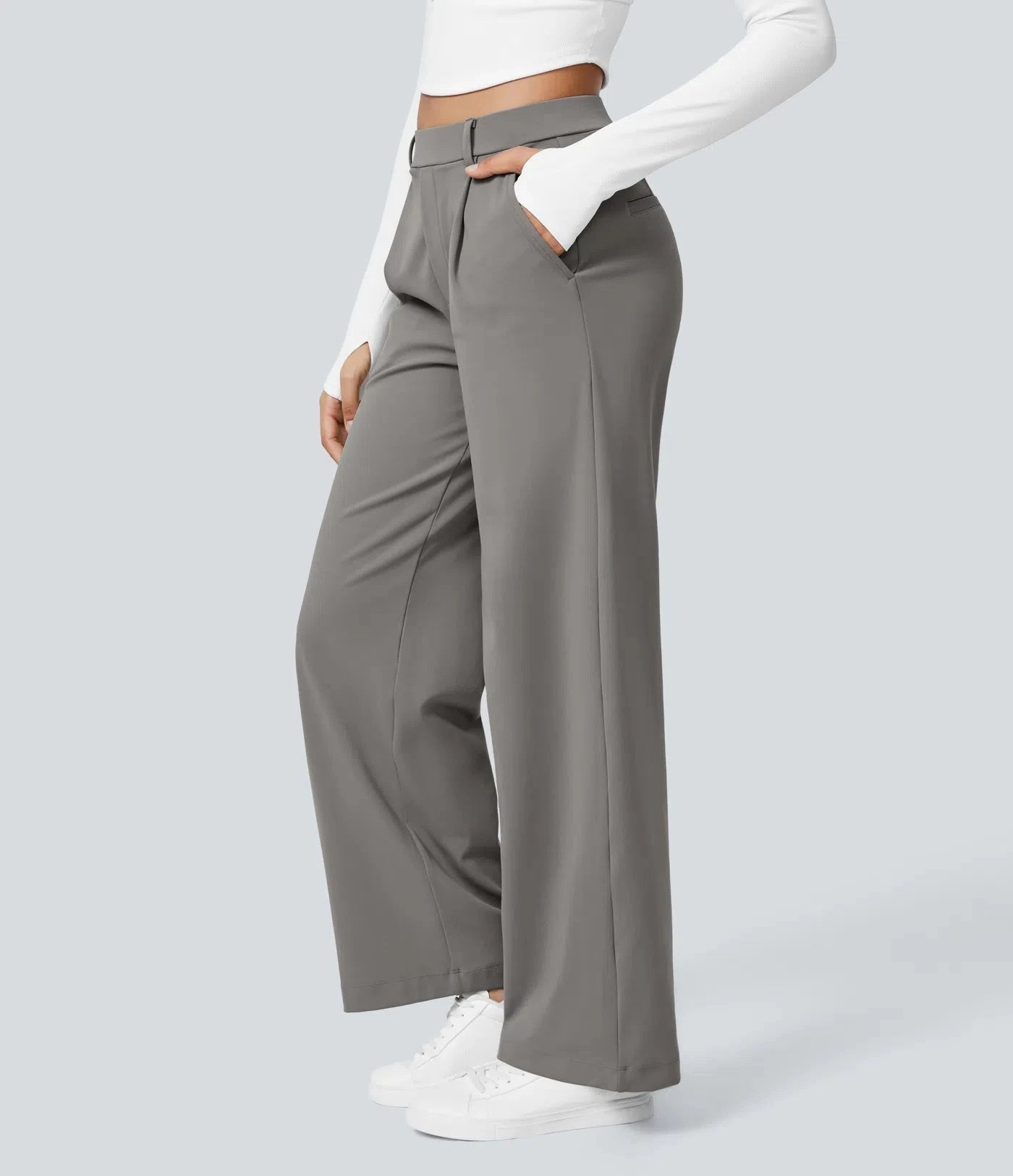 Elegant Straight-Leg Work Pants with High Elastic Waistband