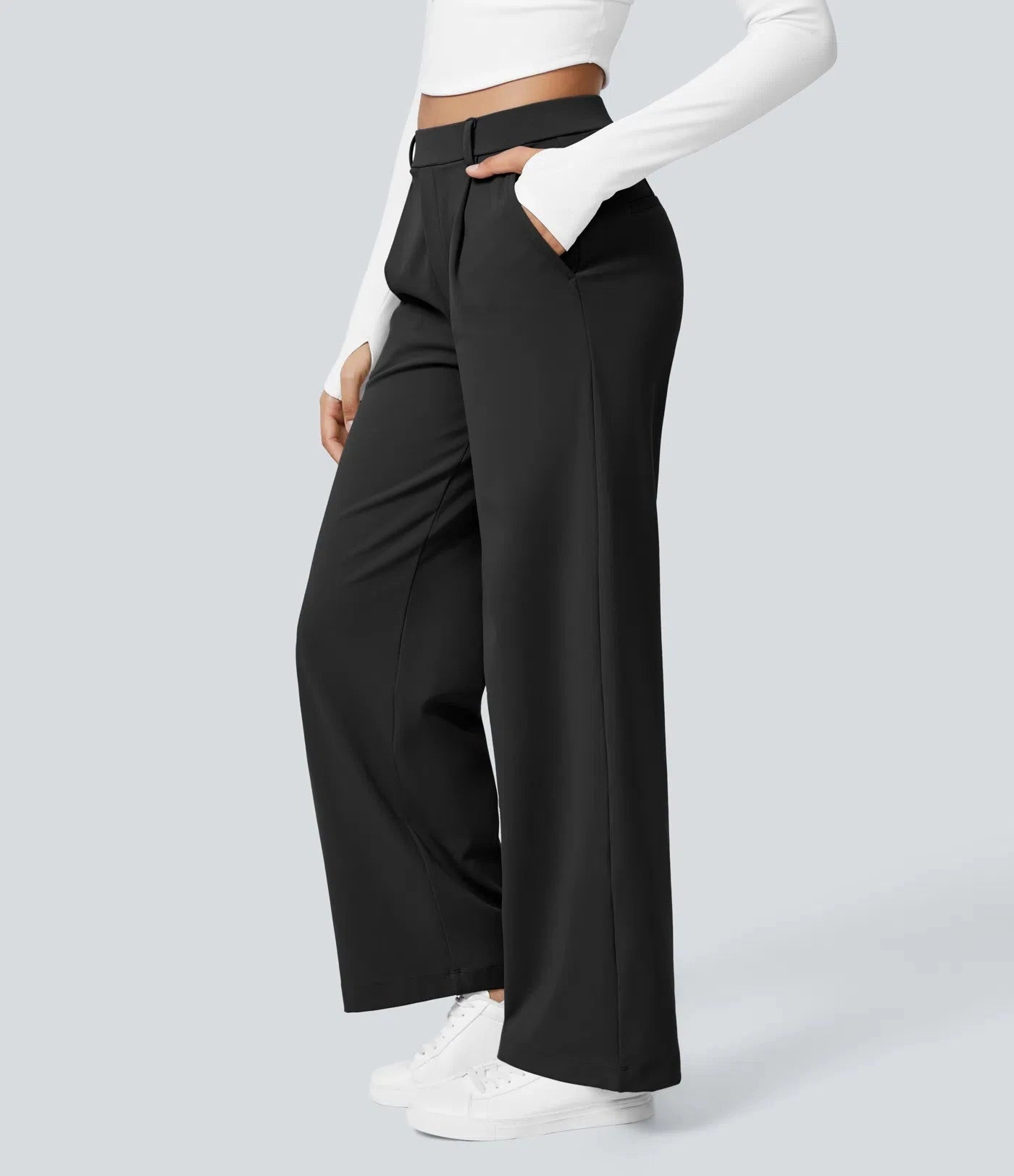 Elegant Straight-Leg Work Pants with High Elastic Waistband